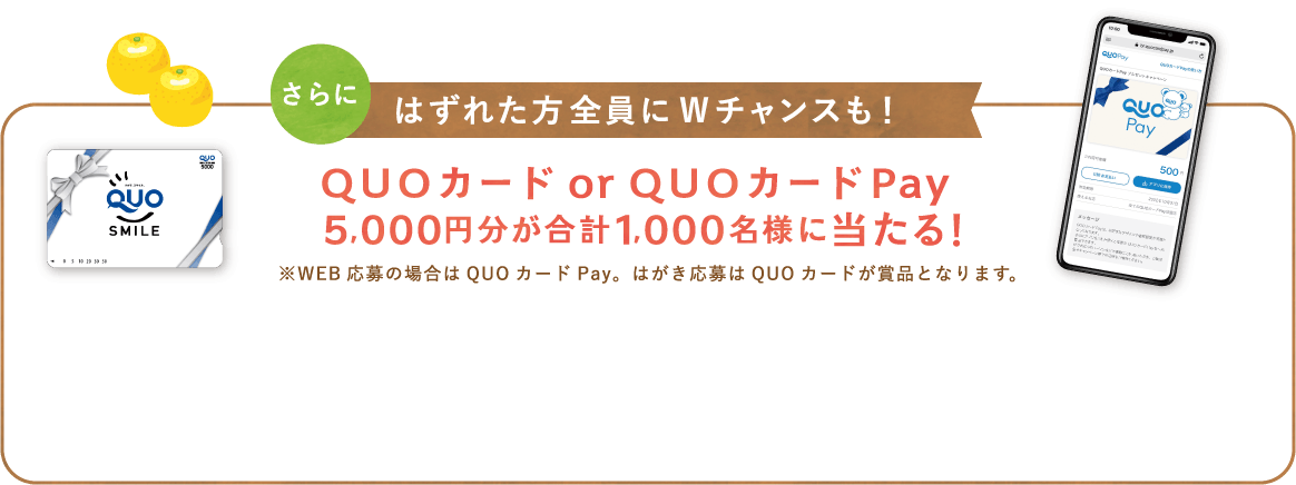 さらにはずれた方全員にWチャンスも！ QUOカードorQUOカードPay 5,000円分が 合計1,000名様に当たる！※WEB応募の場合はQUOカードPay。はがき応募はQUOカードが賞品となります。